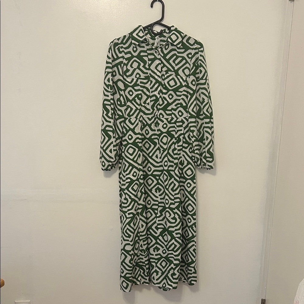 Green and White Patterned A Line Long Dress with Belt